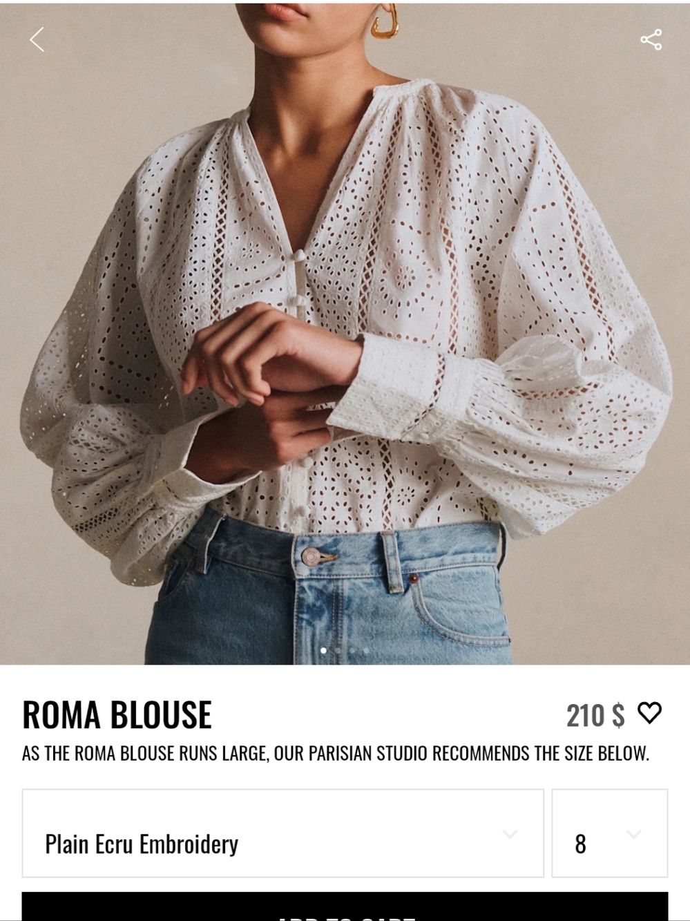 Sezane - Roma Blouse — Ecru Embroidered Long-Sleeve Top - FR38 NWT